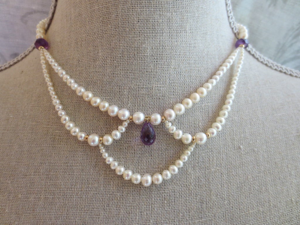 Marina J Graduated Pearl Necklace, Amethyst Teardrop Briolette & 14k Yellow Gold