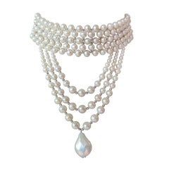 Woven Pearl Draped Choker with Sliding Clasp and Large Baroque Pearl