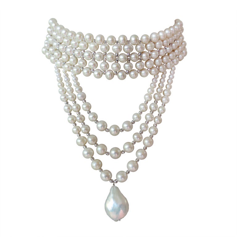 Woven Pearl Draped Choker with Sliding Clasp and Large Baroque Pearl