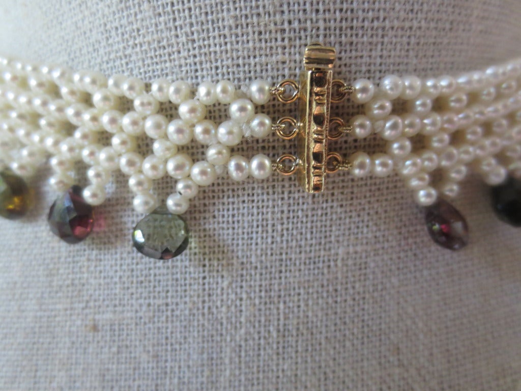Renaissance Elegant Pearl and Tourmaline Lace Fringe Necklace
