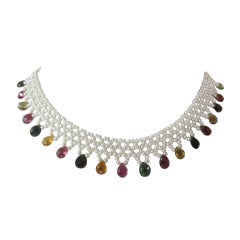 Elegant Pearl and Tourmaline Lace Fringe Necklace