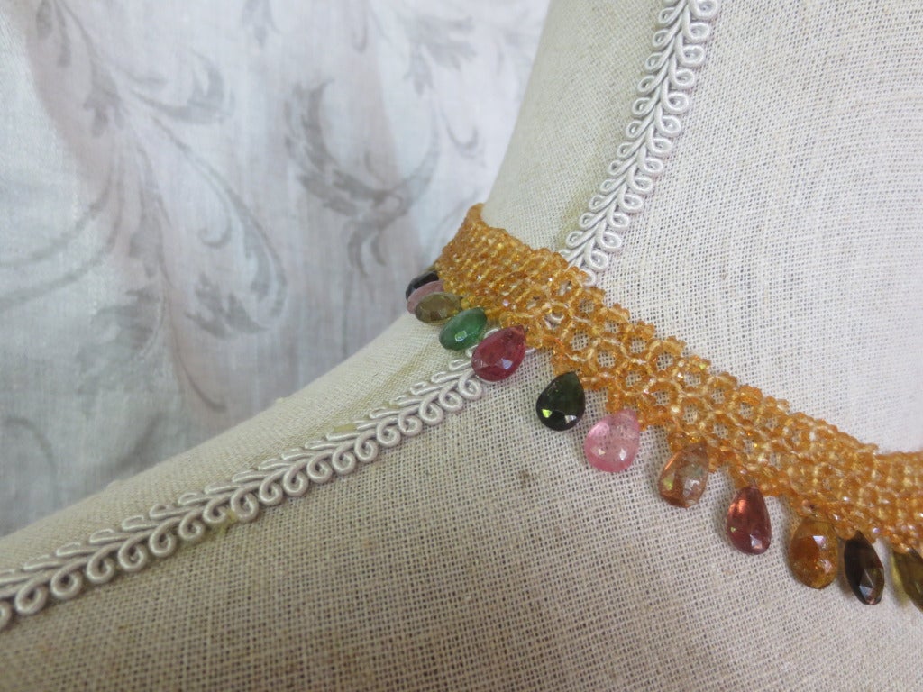 Contemporary Woven Citrine Necklace with Multi-Color Tourmaline Drops and 14k Gold Clasp