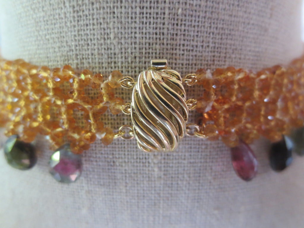 Woven Citrine Necklace with Multi-Color Tourmaline Drops and 14k Gold Clasp In New Condition In Los Angeles, CA