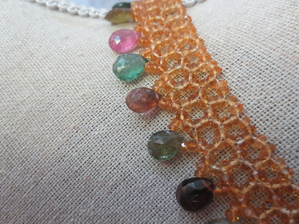Women's Woven Citrine Necklace with Multi-Color Tourmaline Drops and 14k Gold Clasp