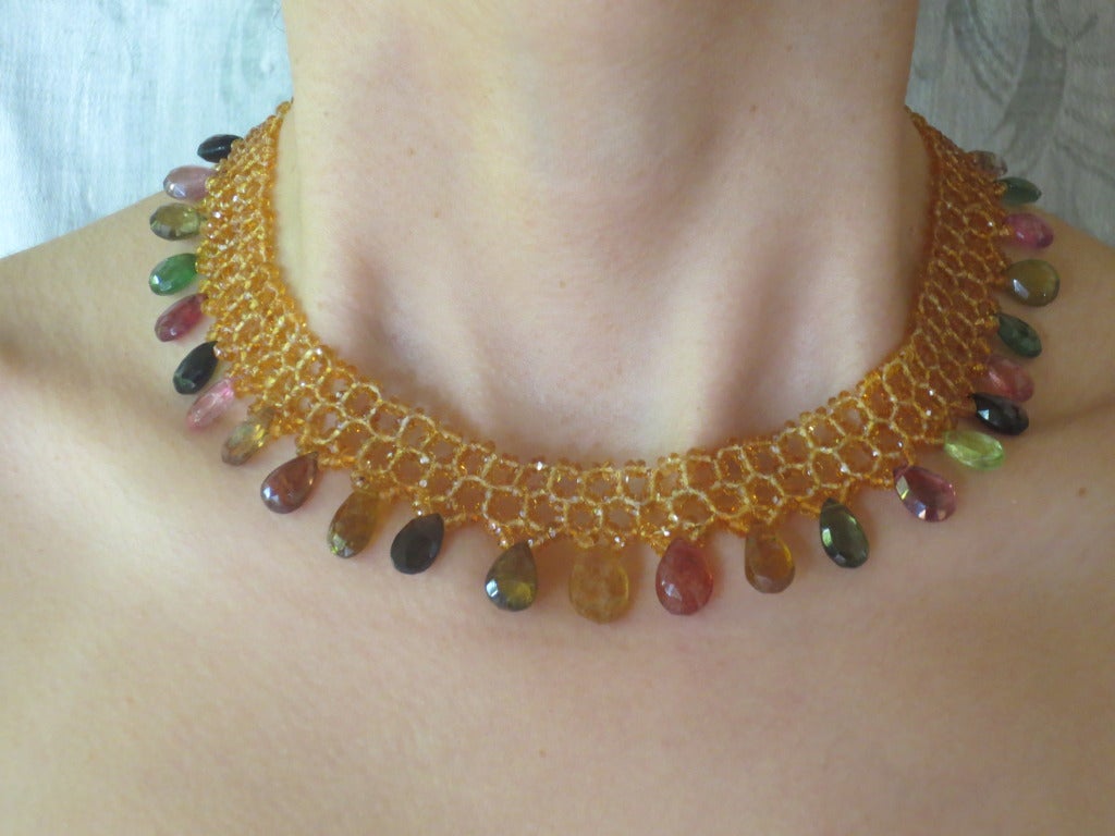 Woven Citrine Necklace with Multi-Color Tourmaline Drops and 14k Gold Clasp 1