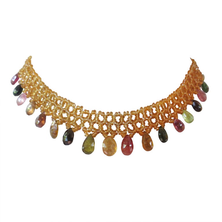 Woven Citrine Necklace with Multi-Color Tourmaline Drops and 14k Gold Clasp