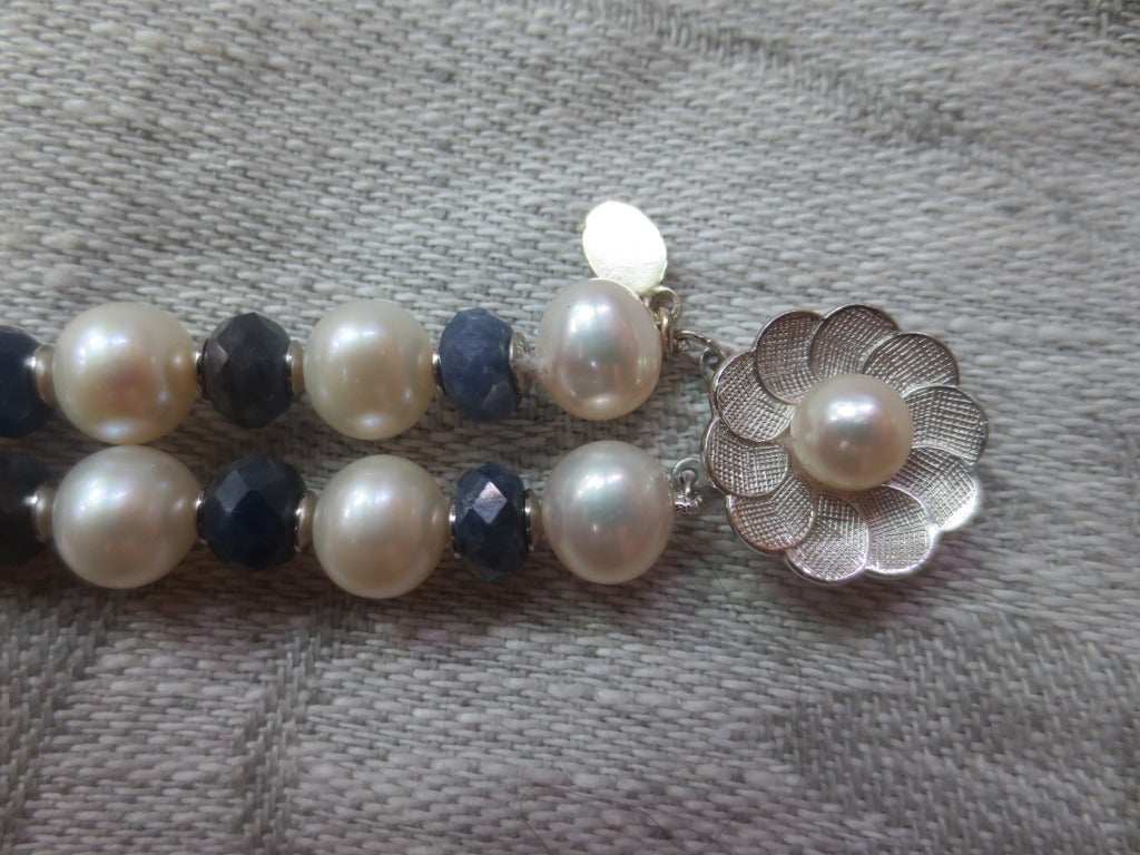 Artisan Pearl and Faceted Sapphire Bead Bracelet with 14 k White Gold Findings
