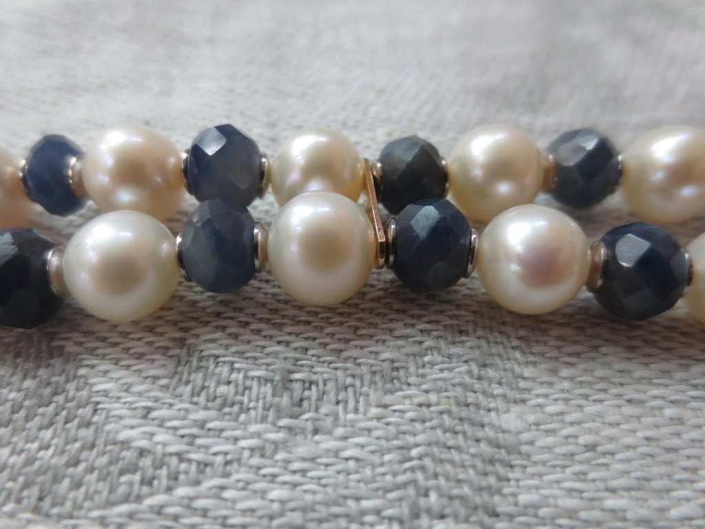 Women's Pearl and Faceted Sapphire Bead Bracelet with 14 k White Gold Findings