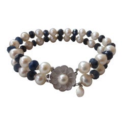 Pearl and Faceted Sapphire Bead Bracelet with 14 k White Gold Findings