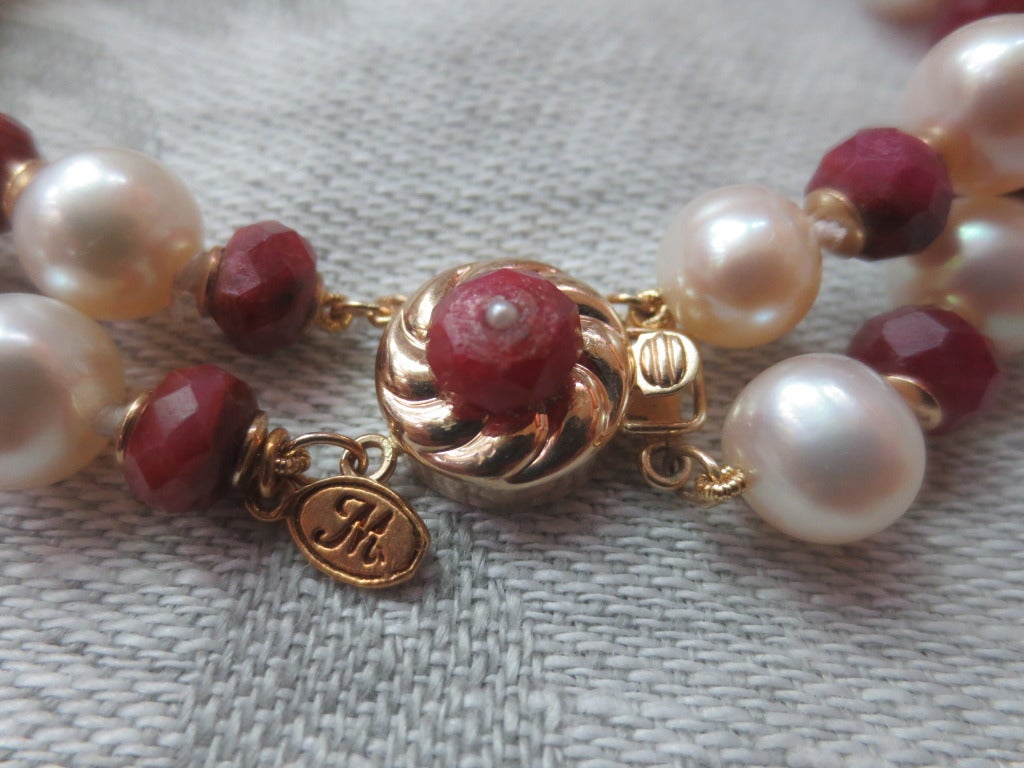 Marina J. White Pearl and Faceted Ruby Beaded Bracelet & 14K Yellow Gold Clasp