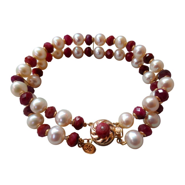 Marina J. White Pearl and Faceted Ruby Beaded Bracelet & 14K Yellow Gold Clasp