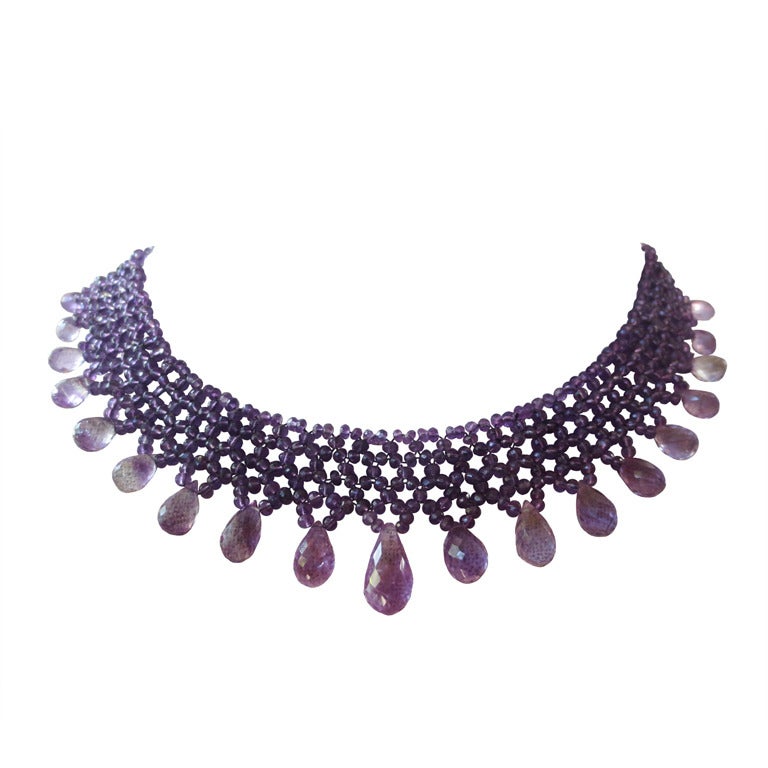 Woven faceted Amethyst bead Necklace with Teardrop Amethyst briolettes.