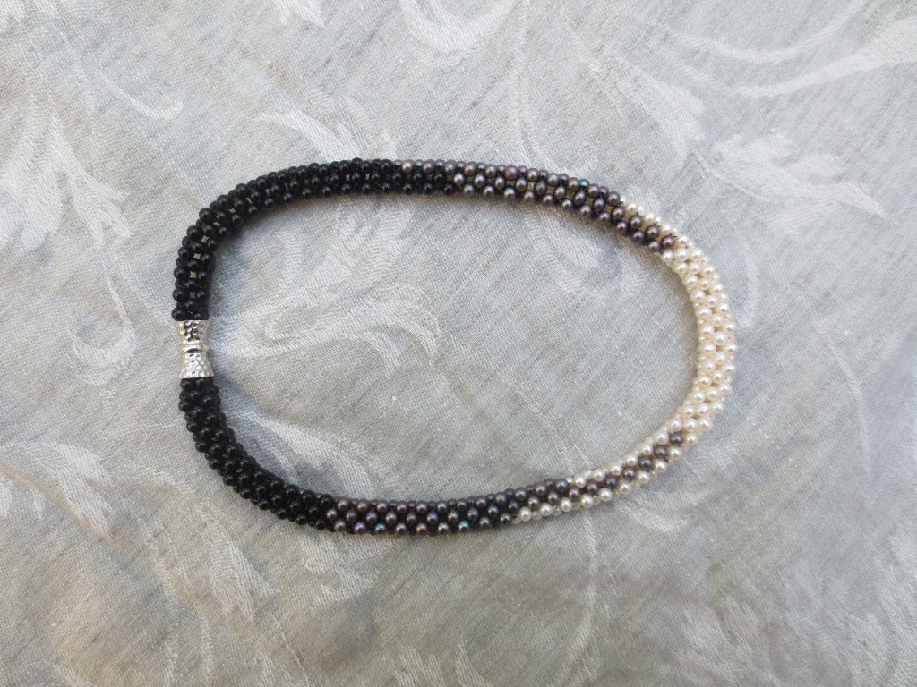 Pearl, Black Pearl, and Onyx Bead Woven Rope Necklace with Silver Clasp In New Condition In Los Angeles, CA