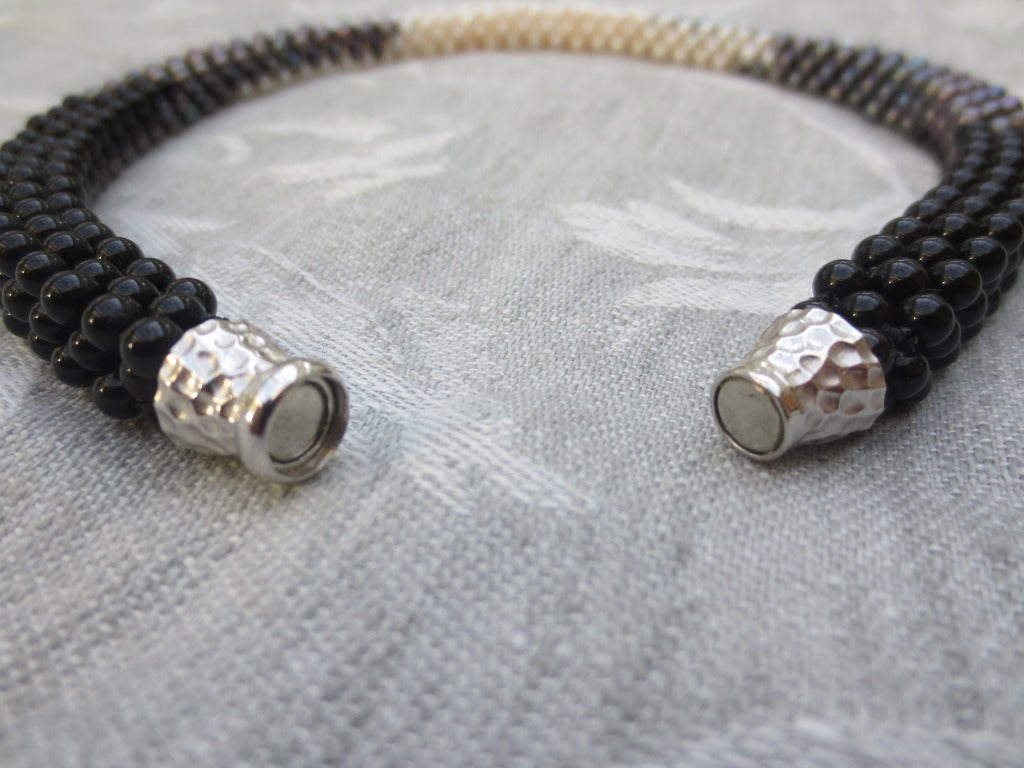 Women's Pearl, Black Pearl, and Onyx Bead Woven Rope Necklace with Silver Clasp