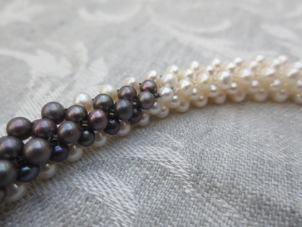 Pearl, Black Pearl, and Onyx Bead Woven Rope Necklace with Silver Clasp 1