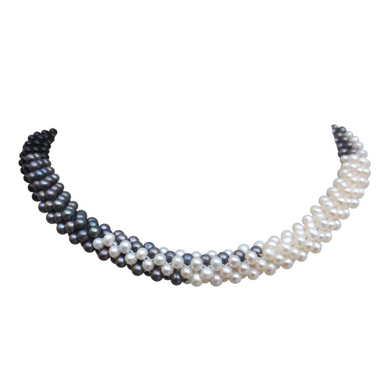 Pearl, Black Pearl, and Onyx Bead Woven Rope Necklace with Silver Clasp