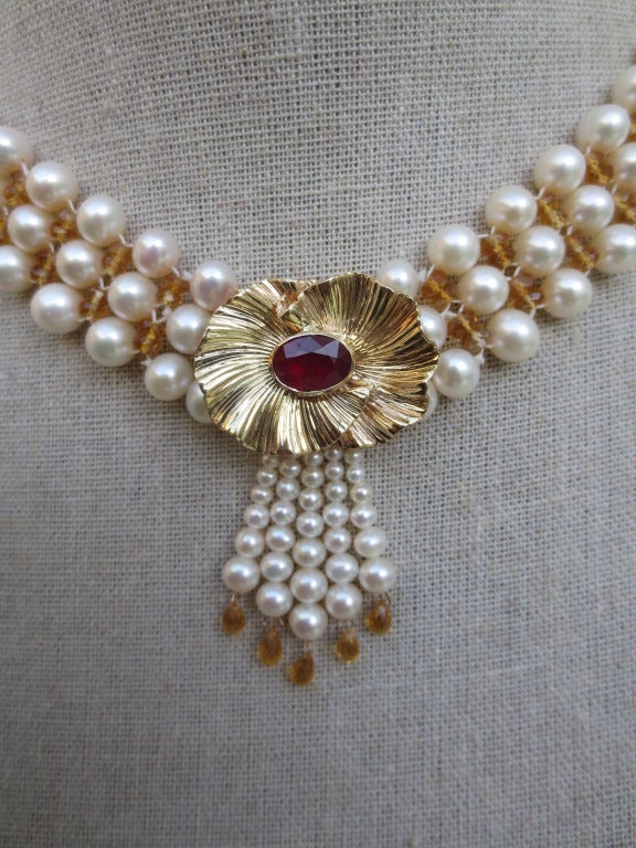 Citrine Pearl Ruby Floral Necklace