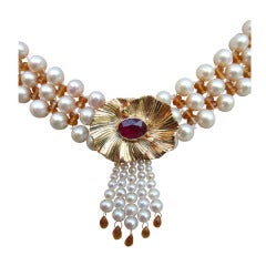 Citrine Pearl Ruby Floral Necklace