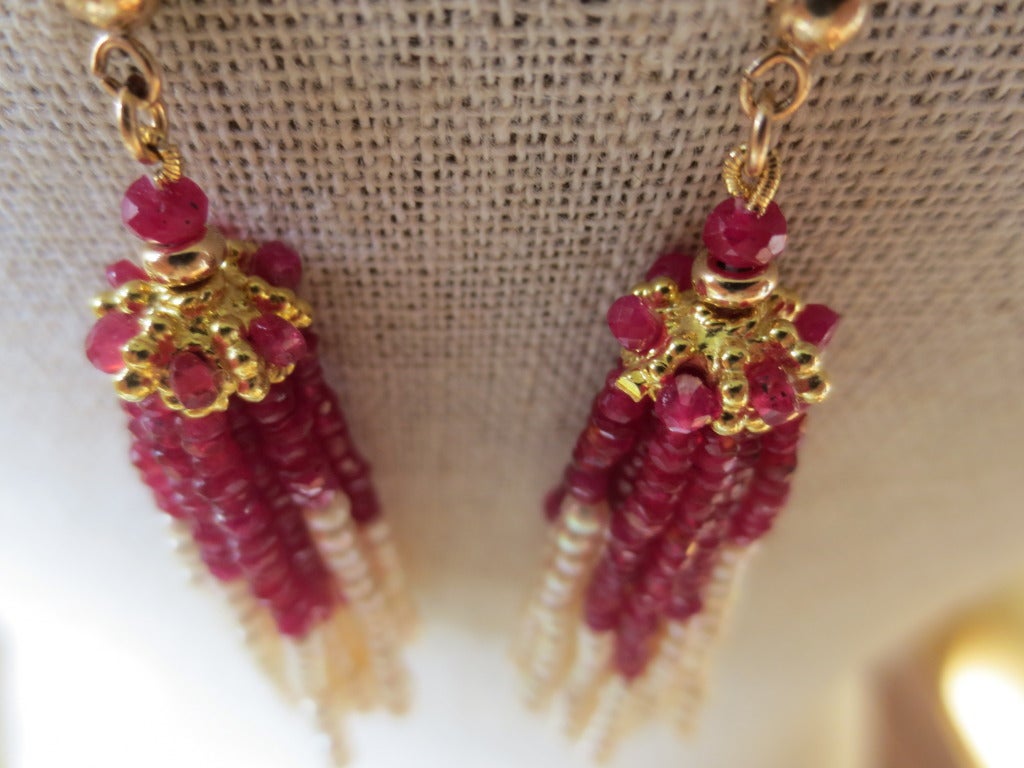 Pearl and Ruby Faceted Beaded Tassel Earrings with 14 Karat Yellow Gold Studs In New Condition In Los Angeles, CA