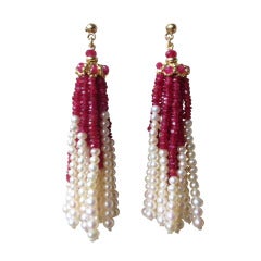 Marina J Pearl Ruby Faceted Beads Tassel Earrings 14K Yellow Gold Ear-Studs 7