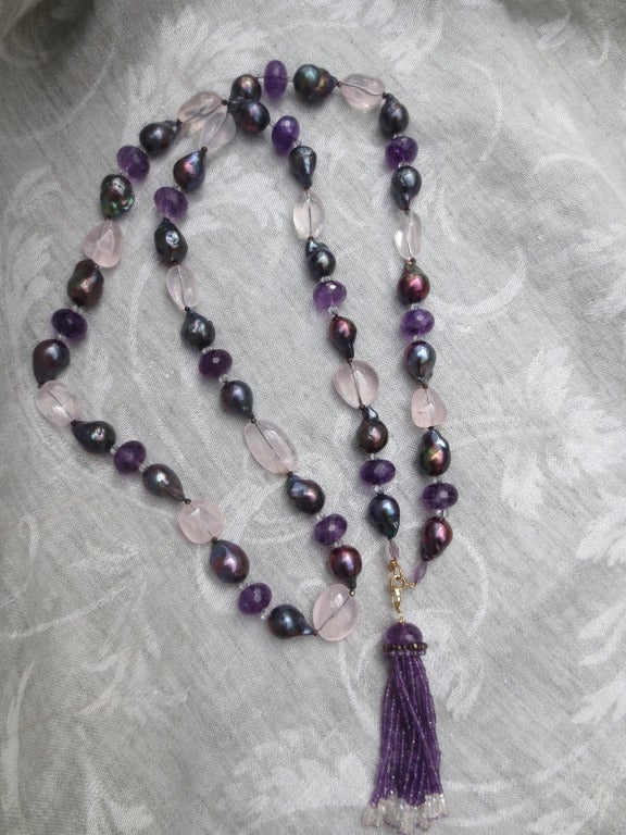 Contemporary Amethyst, Black Baroque Pearl & Rose Quartz Sautoir