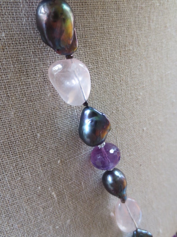 Amethyst, Black Baroque Pearl & Rose Quartz Sautoir In Excellent Condition In Los Angeles, CA