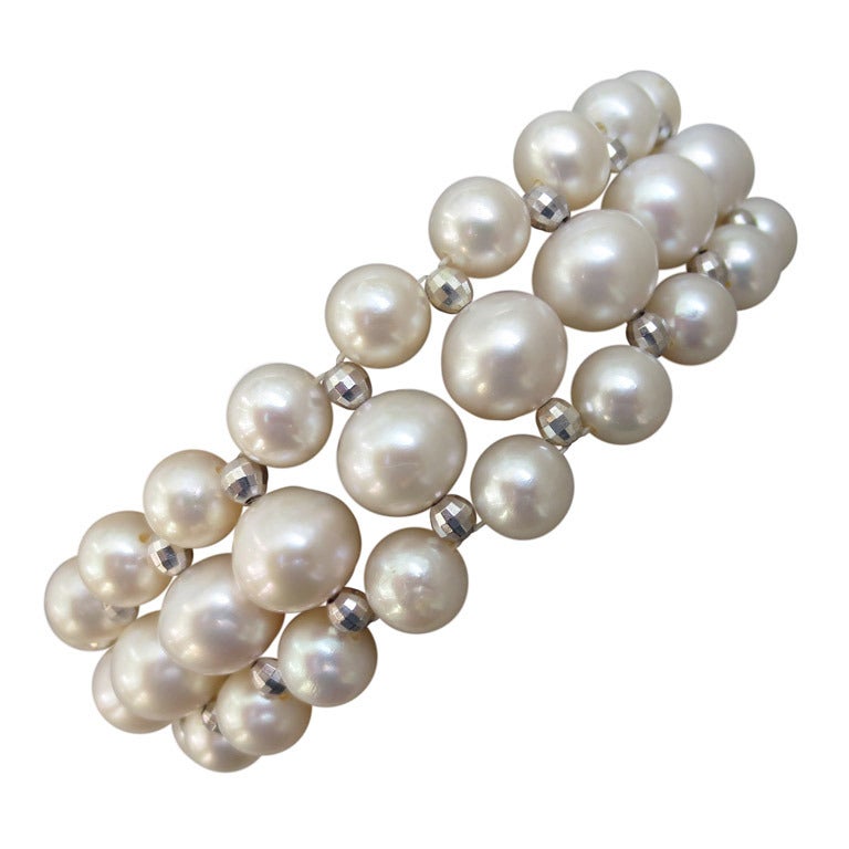 Woven White Pearl Bracelet with Faceted Silver Beads and Rhodium Silver ...