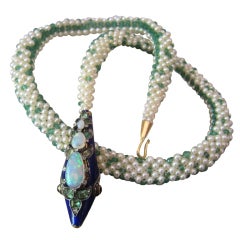 Victorian Snake Emerald Bead and Pearl Necklace