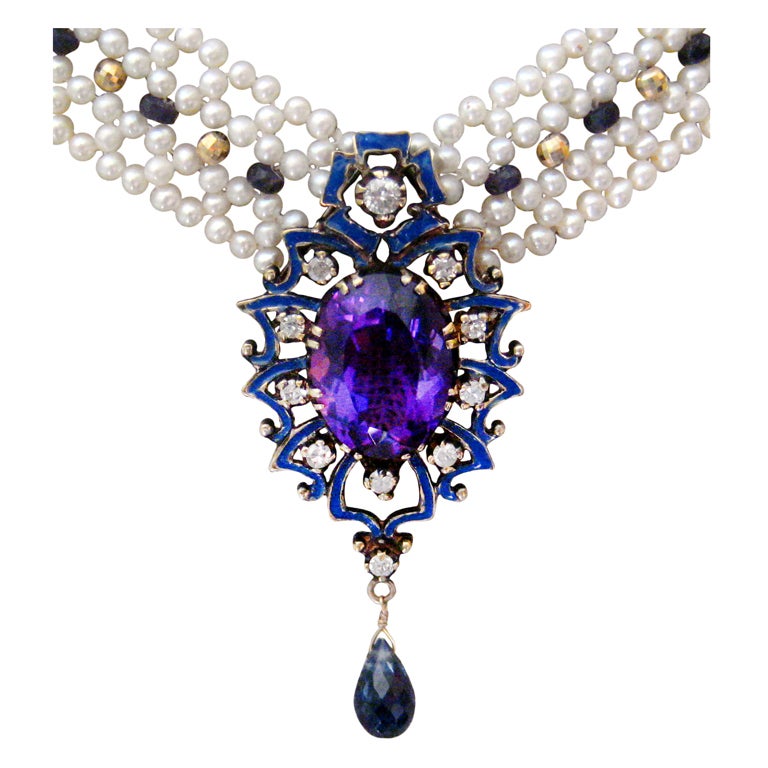 Enamel Pearl Amethyst Necklace