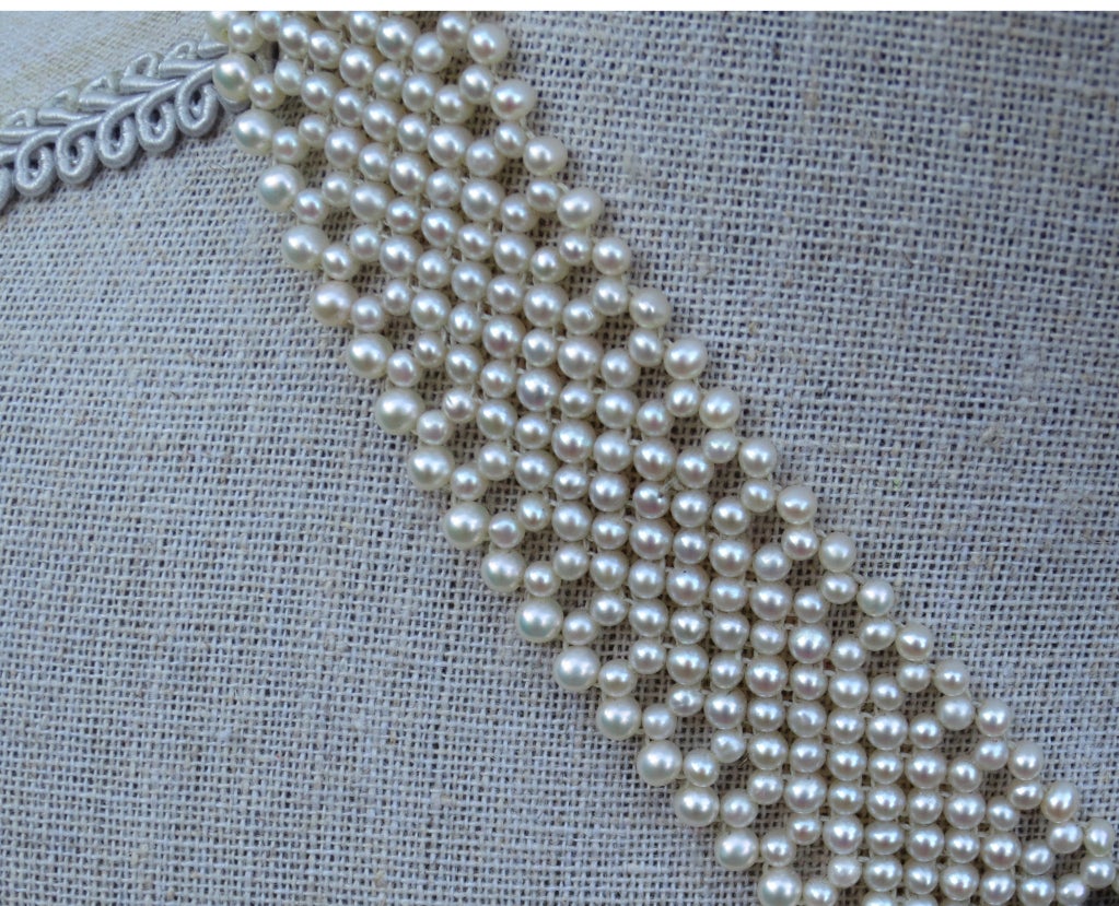 Bead Marina J. Unique Woven Pearl Necklace with Vintage Blue Enamel Centerpiece For Sale