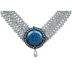Blue Enamel Pearl Diamond Centerpiece Necklace 12
