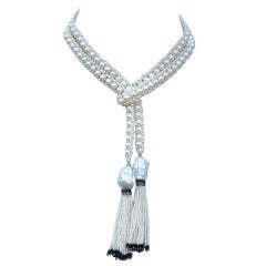 Versatile Woven Pearl Sautoir with Baroque Pearls and Onyx Beads & Diamonds