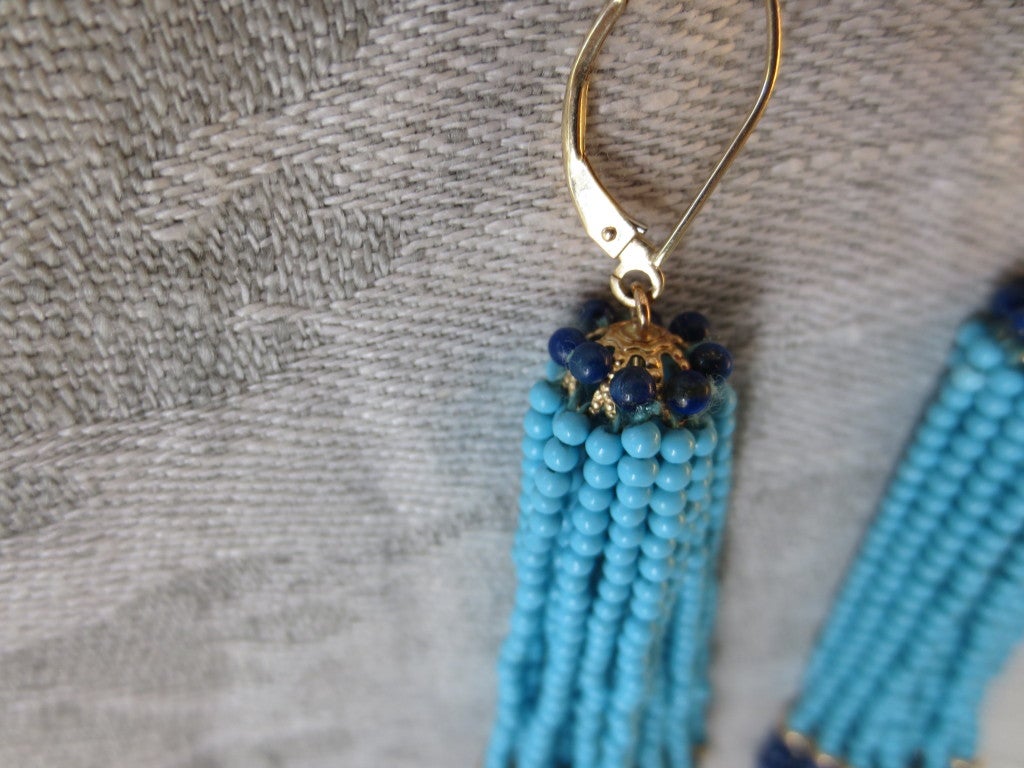 Turquoise and Lapis Lazuli Tassel Earrings In New Condition In Los Angeles, CA