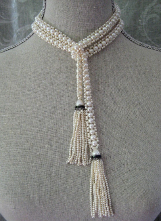 Artist Marina J Woven White Pearl Sautoir Necklace with Onyx, Pearl and Diamond Tassels