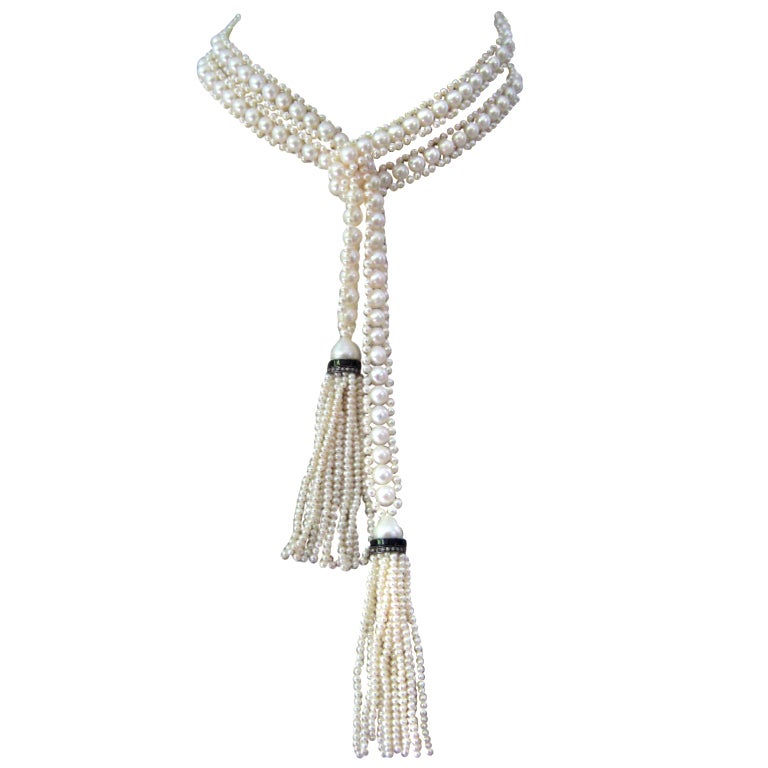 Marina J Woven White Pearl Sautoir Necklace with Onyx, Pearl and Diamond Tassels