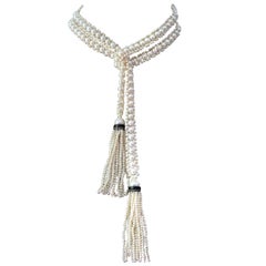Marina J Woven White Pearl Sautoir Necklace with Onyx,Pearl and Diamond Tassels