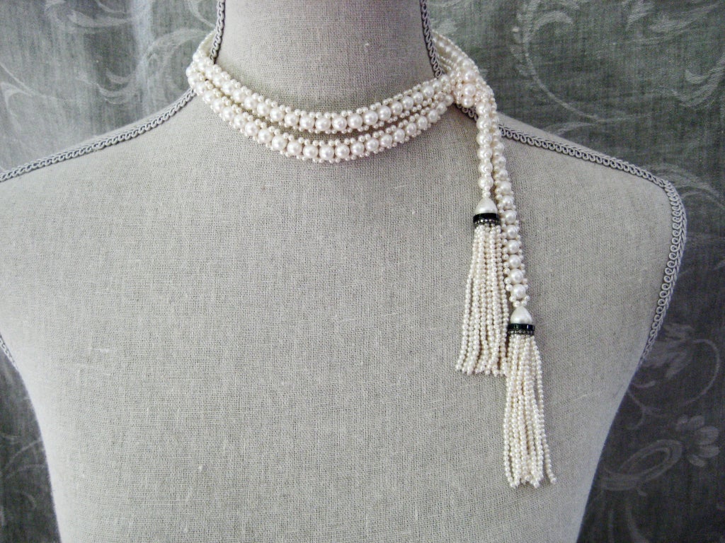 Bead Marina J Woven White Pearl Sautoir Necklace with Onyx, Pearl and Diamond Tassels