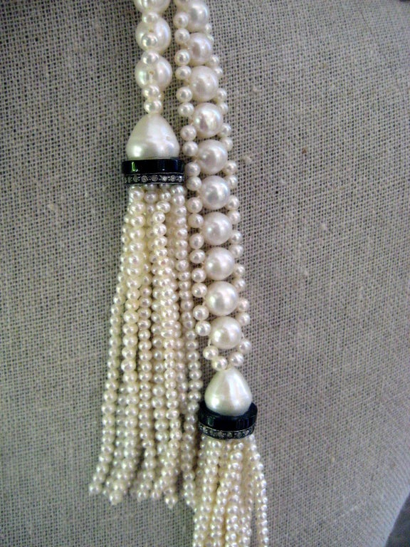 Marina J Woven White Pearl Sautoir Necklace with Onyx, Pearl and Diamond Tassels In New Condition In Los Angeles, CA
