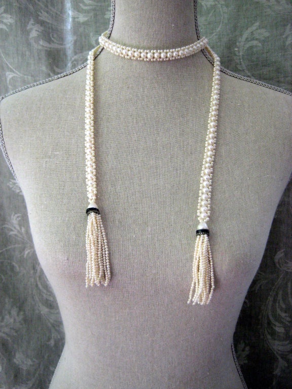 Women's Marina J Woven White Pearl Sautoir Necklace with Onyx, Pearl and Diamond Tassels