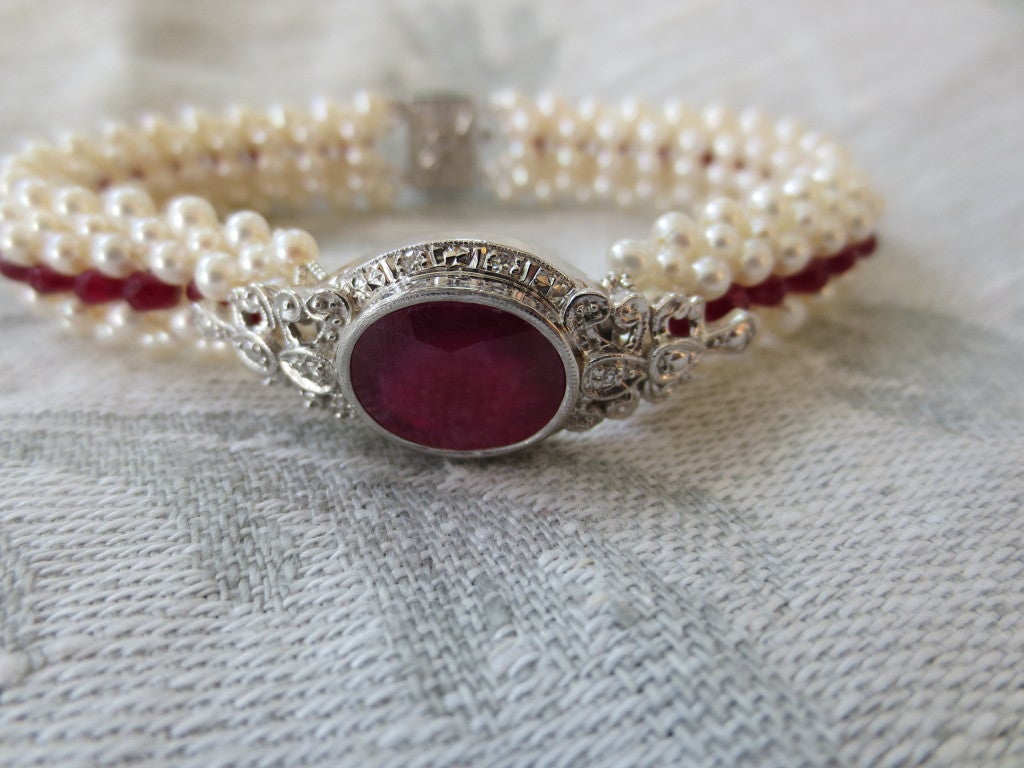 Ruby and Woven Pearl Bracelet In New Condition In Los Angeles, CA