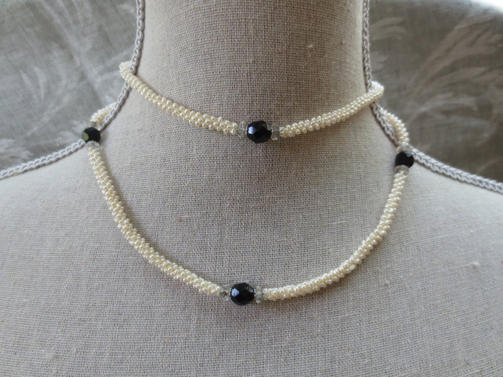 Woven Pearl & Onyx Bead Rope Lariat Necklace w. Large Baroque Pearl & Tassel 3