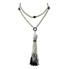 Used Woven Pearl & Onyx Bead Rope Lariat Necklace w. Large Baroque Pearl & Tassel