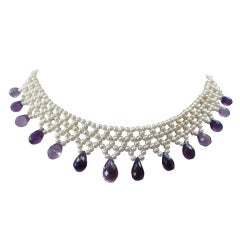 Woven Pearl Necklace w. Faceted Amethyst Teardrop Briolettes & 14 K Gold Clasp