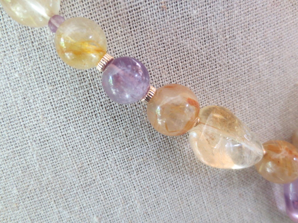 Artist Citrine and Amethyst Beaded Necklace with 14 K Yellow Gold Magnetic Clasp