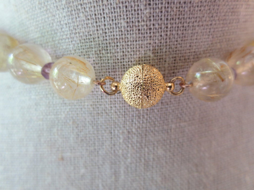 Women's Citrine and Amethyst Beaded Necklace with 14 K Yellow Gold Magnetic Clasp