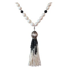Pearl and Onyx beaded Lariat Necklace with Black Spinel and Pearl Tassel 9