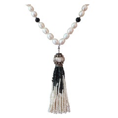 Marina J Pearl and  Onyx Lariat Necklace with Black Spinel and Pearl Tassel