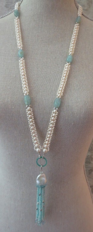 Stunning Aquamarine Pearl Blue Topaz Tassel Necklace 1