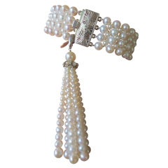 1920's Inspired Woven Pearl Bracelet With Graduated Pearl Tassel