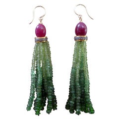 Tsavorite, Peridot, and Ruby Tassel Earrings